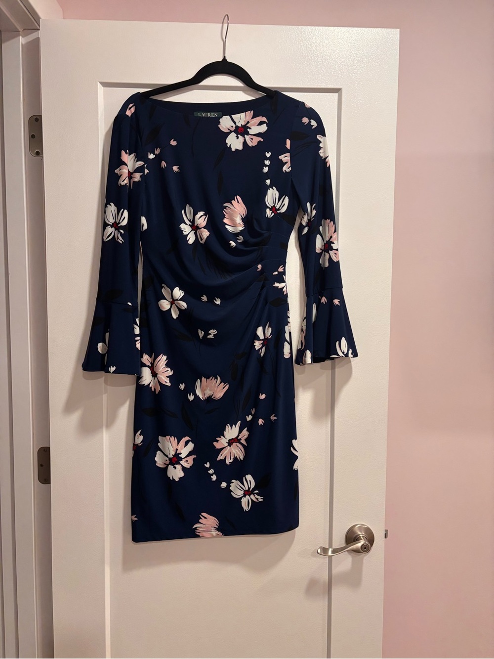 Ralph Lauren Navy Floral Faux-Wrap Dress with Bell Sleeves